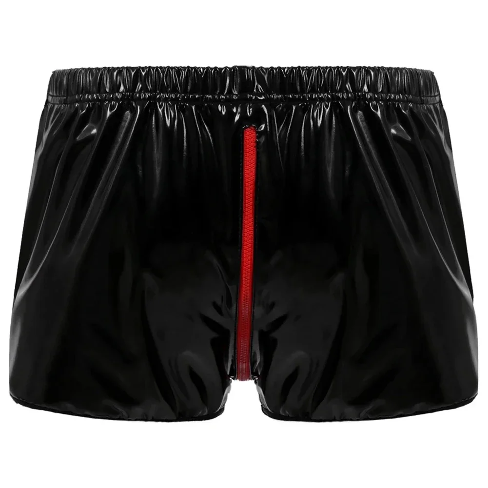 Faux Leather Shorts Elegant Men's Wet Look Faux Leather Shorts Underwear Trunks with Zippered Front Short Pants