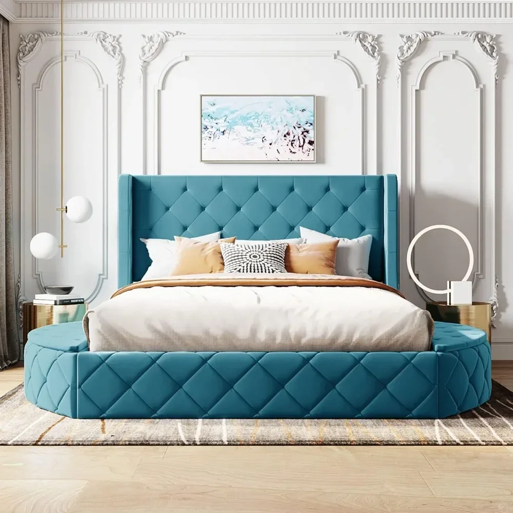 

Velvet Queen Storage Bed Frame with Wingback Headboard and 1Big Drawer,2 Side Storage Stool, No Box Spring Needed/ Easy Assembly