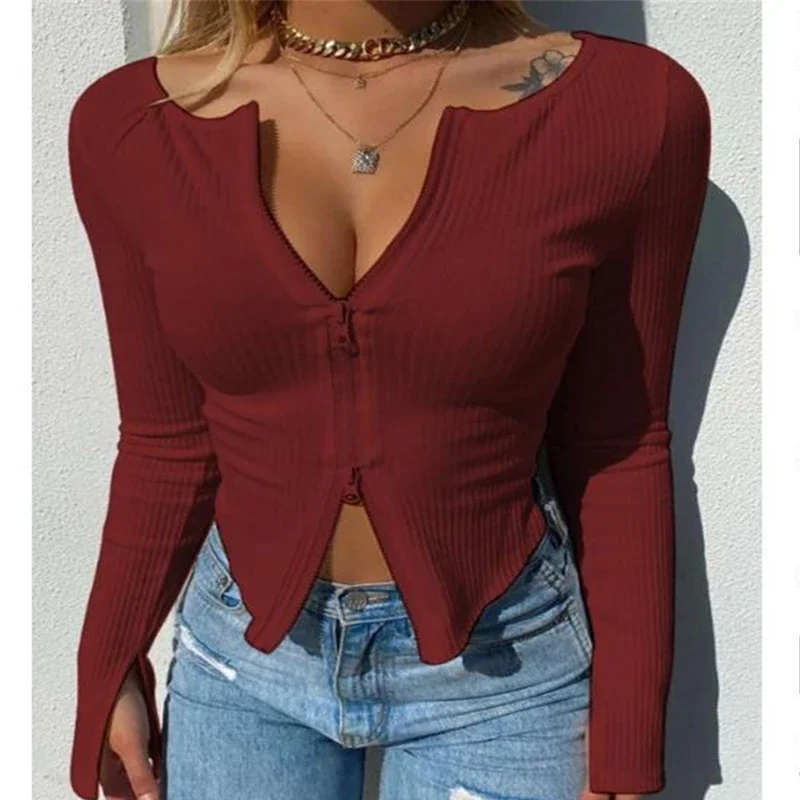 Summer Women's Tube Top Outwear Double Zippers Design Long Sleeve Short Slim Coat Solid Sexy Ribbed Knit Warm Sweaters Y2k