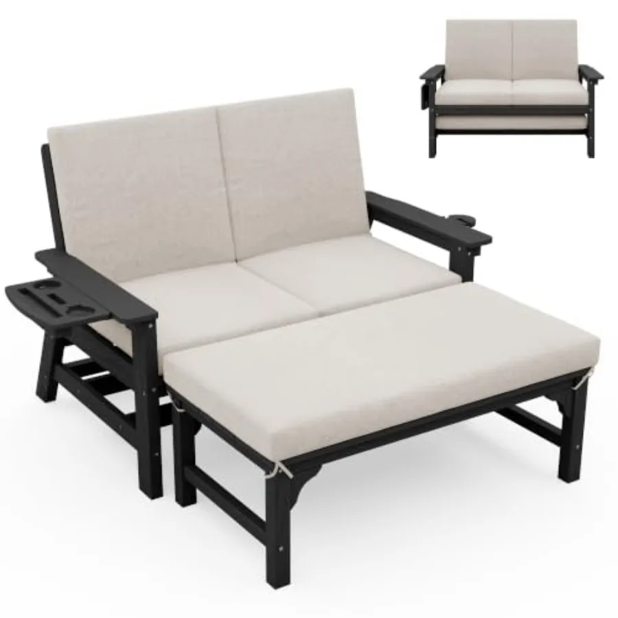 2-in-1 HDPE outdoor sofa daybed set with cushions and ottoman table, weather-resistant gray finish, UV-stabilized for long-last