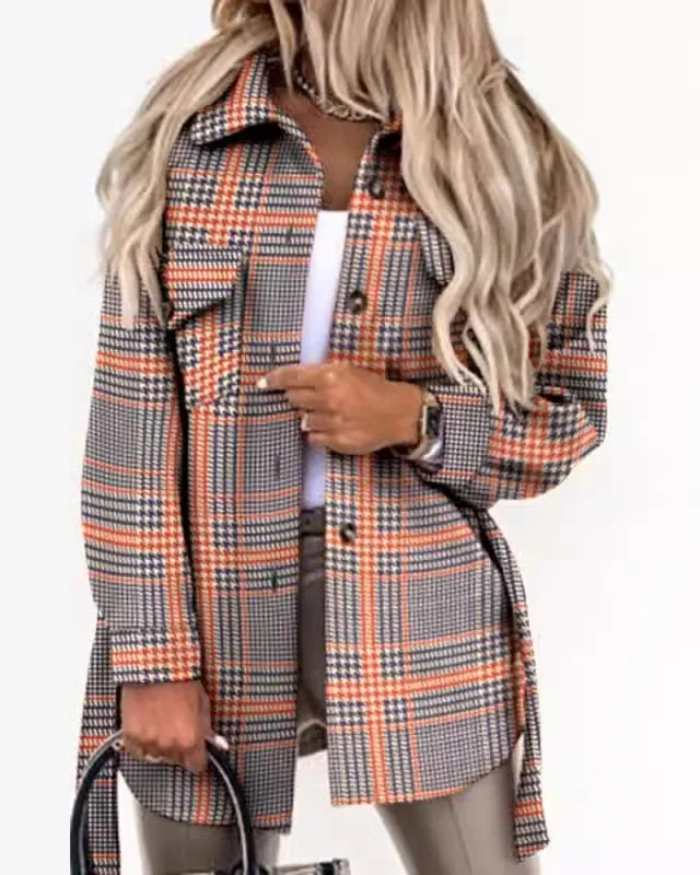 Women\'s new fashion tie plaid printed woolen jacket loose and personalized versatile commuting clothing