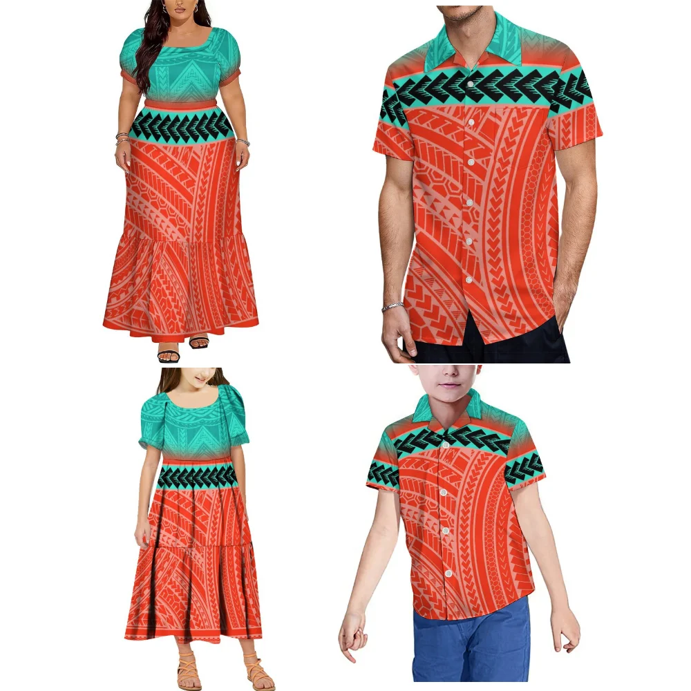 Conjunto Familiar Estilo Ilhas Polinésias: Vestido Feminino de Verão com Manga Curta e Camisa Masculina com Bolsos, Roupas para Meninas e Meninos
