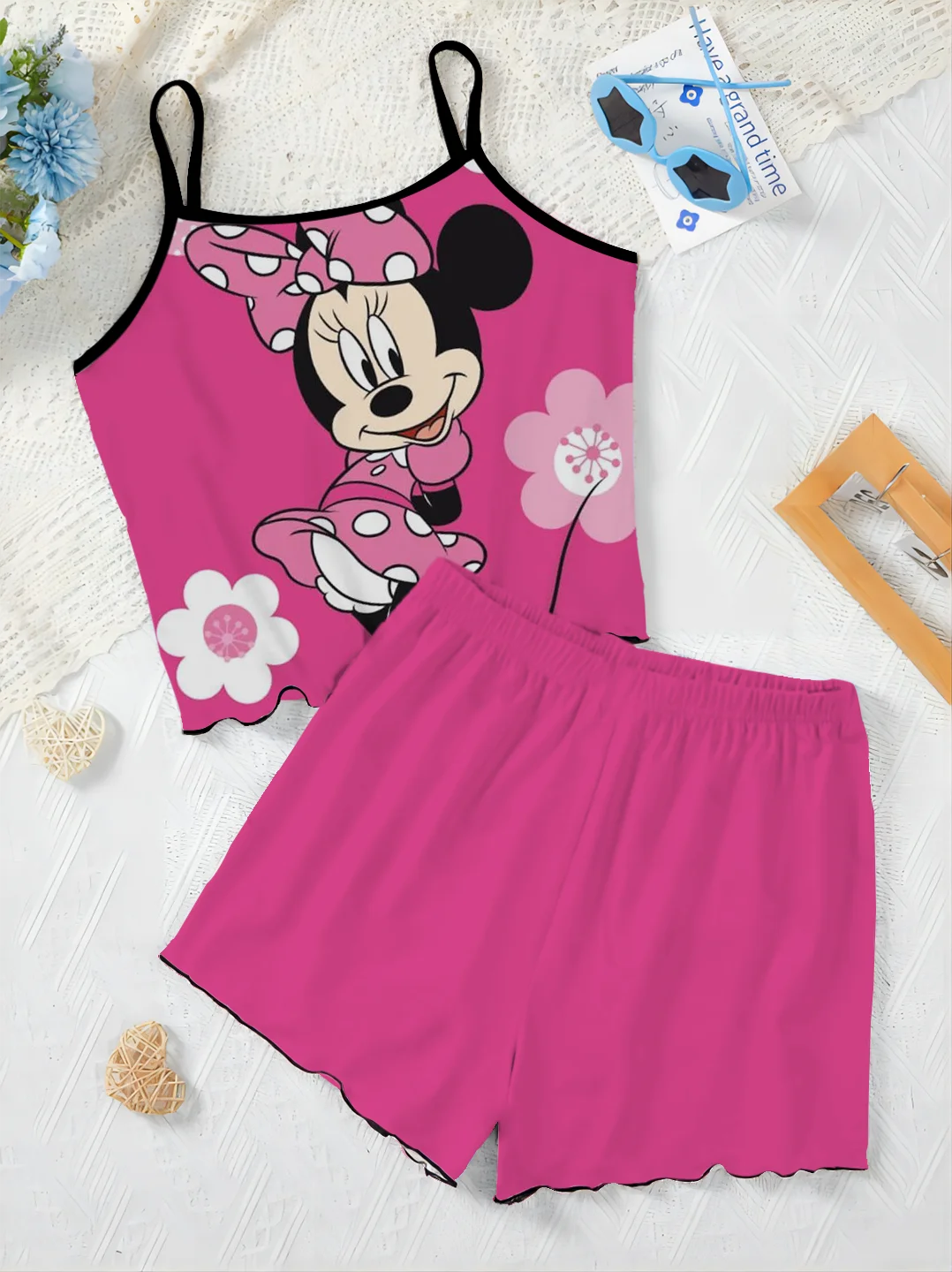 Conjunto elegante de 2 piezas de Disney para mujer, vestido con ribete de lechuga, camiseta de Minnie Mouse, Top de Mickey, falda de pijama, traje corto