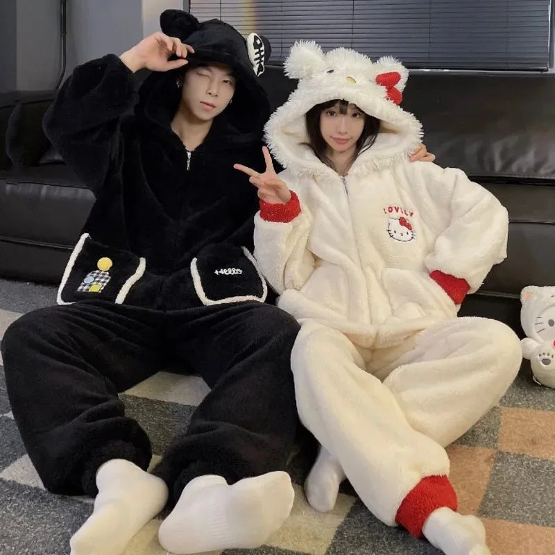 سانريو Kawaii الكرتون مرحبا كيتي الشتاء المرجان الصوف زوجين منامة الصوف بطانة سميكة الدافئة Homewear مجموعة هدية الكريسماس