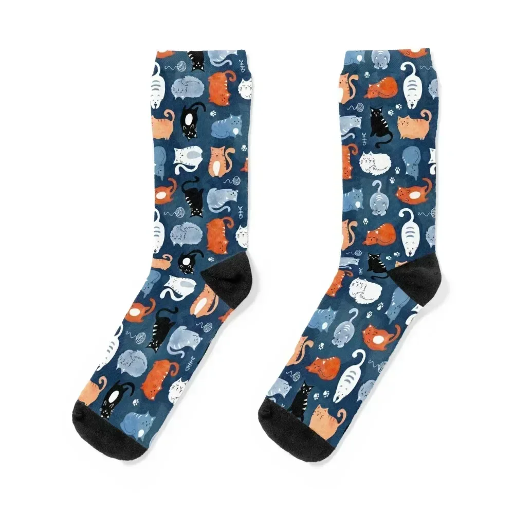 Playful cat pattern in orange and blue watercolor Socks cotton Hiking boots soccer anti-slip Lots Designer Man Socks Women's