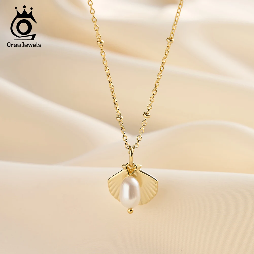 

ORSA JEWELS стерлингового серебра 925 пробы пляжное ожерелье из натуральных ракушек с подвеской из настоящего жемчуга модное ювелирное колье с океаном GPN83