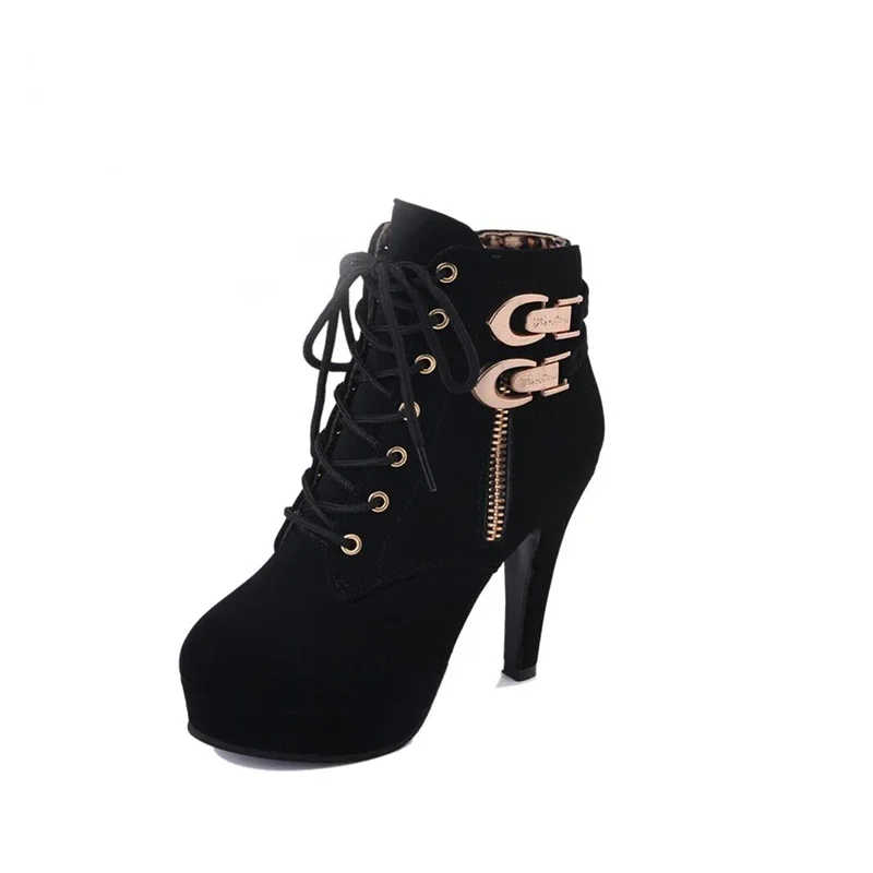 Botines de talla grande con plataforma para mujer, zapatos de tacón alto con cordones, botas cortas con hebilla, calzado informal, envío directo 58