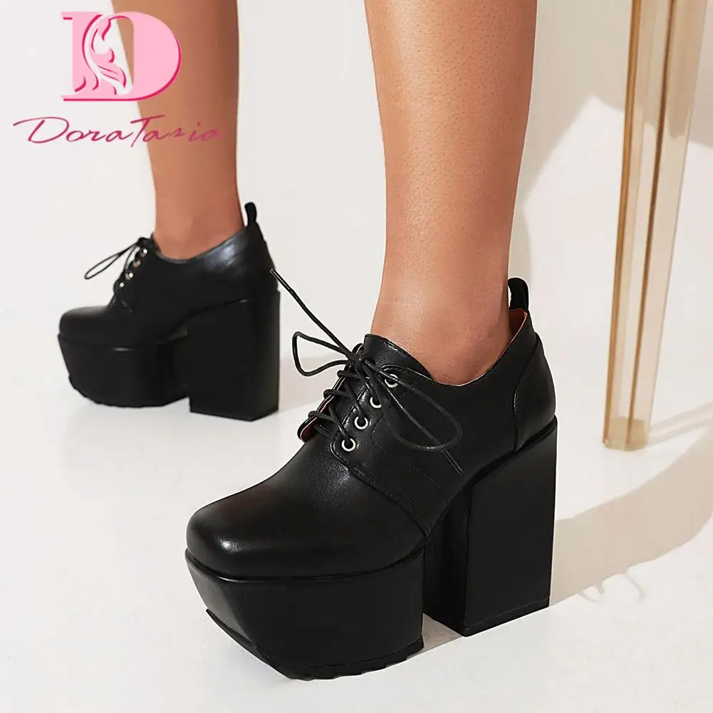 DoraTasia Hot Sale Women Pumps Black Chunky High Heels Platform Lace-up Spring Autumn Square High Heels Concise Big Size 35-46