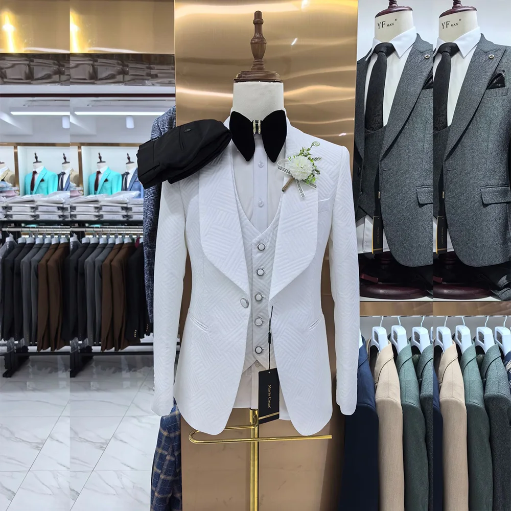 

High Quality Elegant Wedding Suits for Men White 2 Piece Jacket Pants Vest Full Sets Double Back Vent Costume Homme Blazer 2024