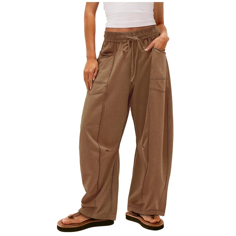 Women's Loose Wide Leg Pants Casual Summer Drawstring Elastic Waist Pockets Line Decoration Sweatpants