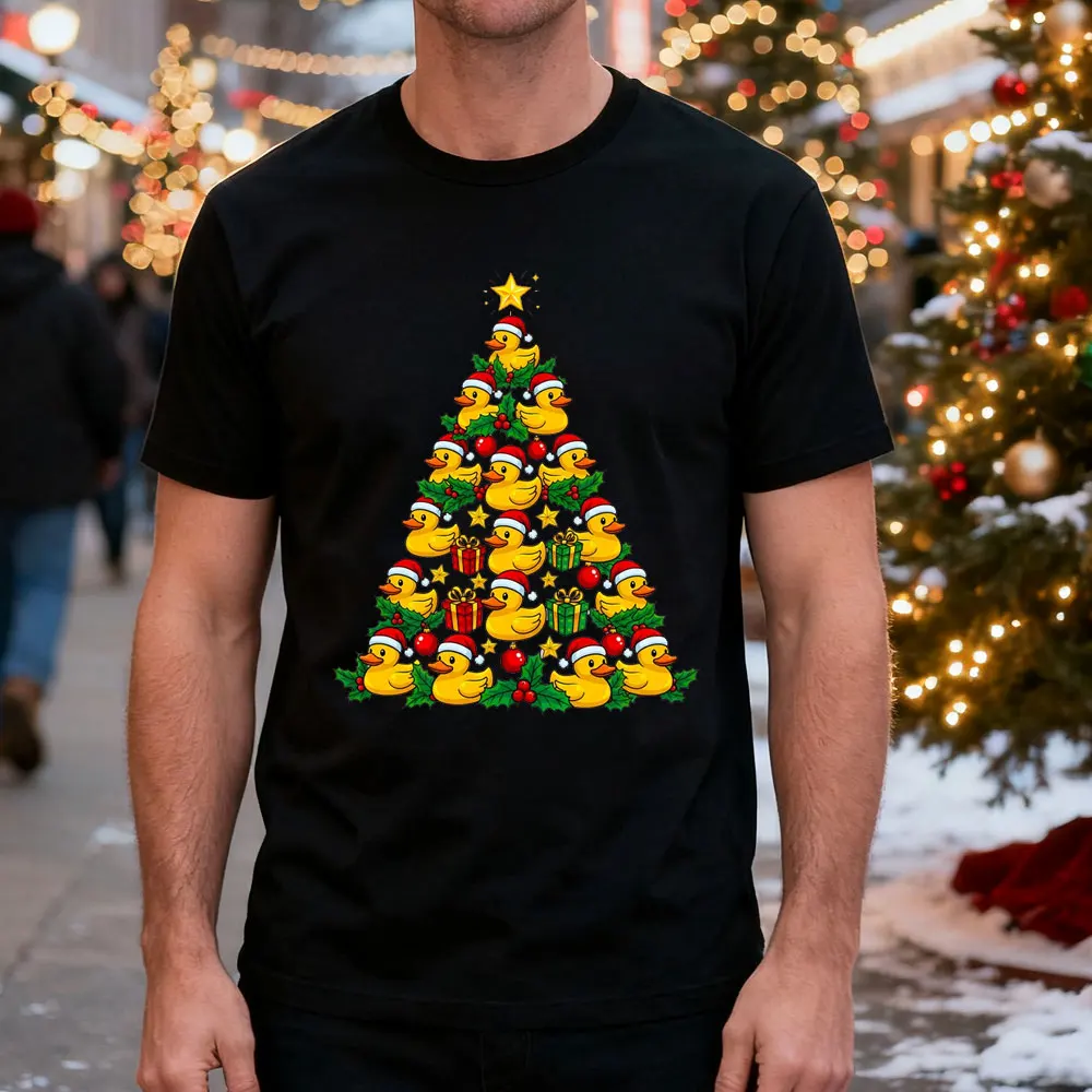 

Футболка с резиновыми утками и рождественской елкой, подарок унисекс, ретро забавная рубашка с рисунком рождественских уток, новогодняя уличная одежда, подарок, мужская одежда