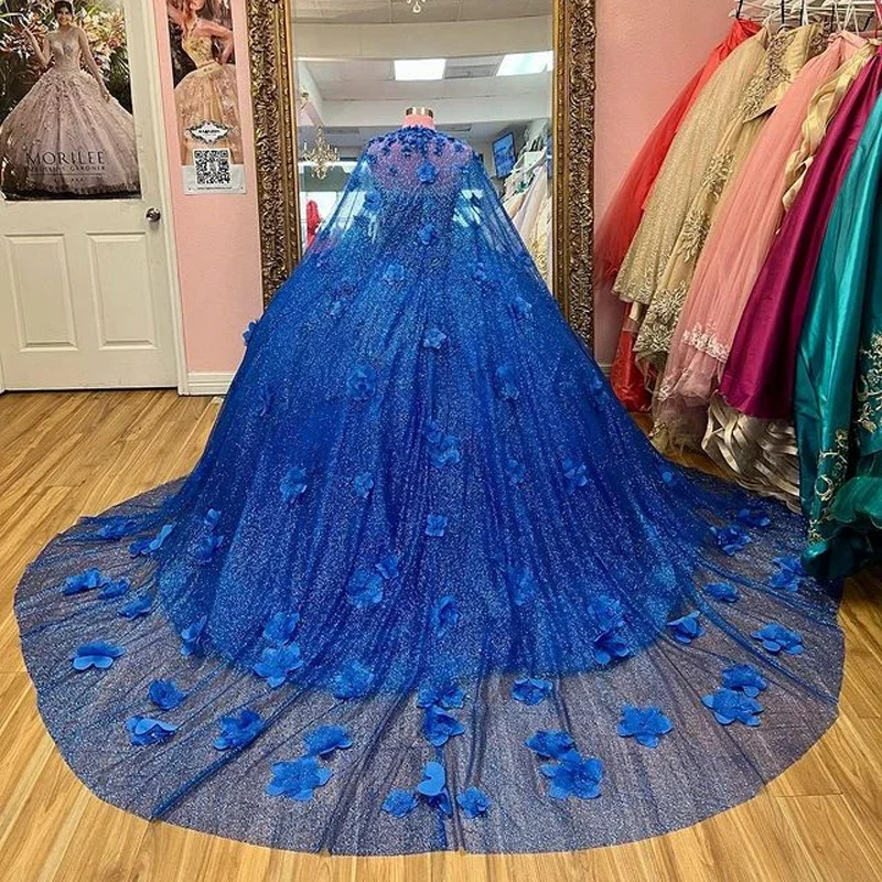 Vestido De quinceañera azul real brillante con cuentas, apliques florales 3D con capa, baile De cumpleaños, fiesta De princesa, nuevo