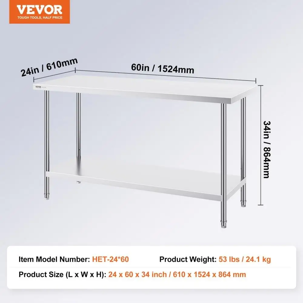 Stainless Steel Prep Table, 24 x 60 x 34 Inch, Heavy Duty Metal Worktable with 3 Adjustable Height Levels, for commercial