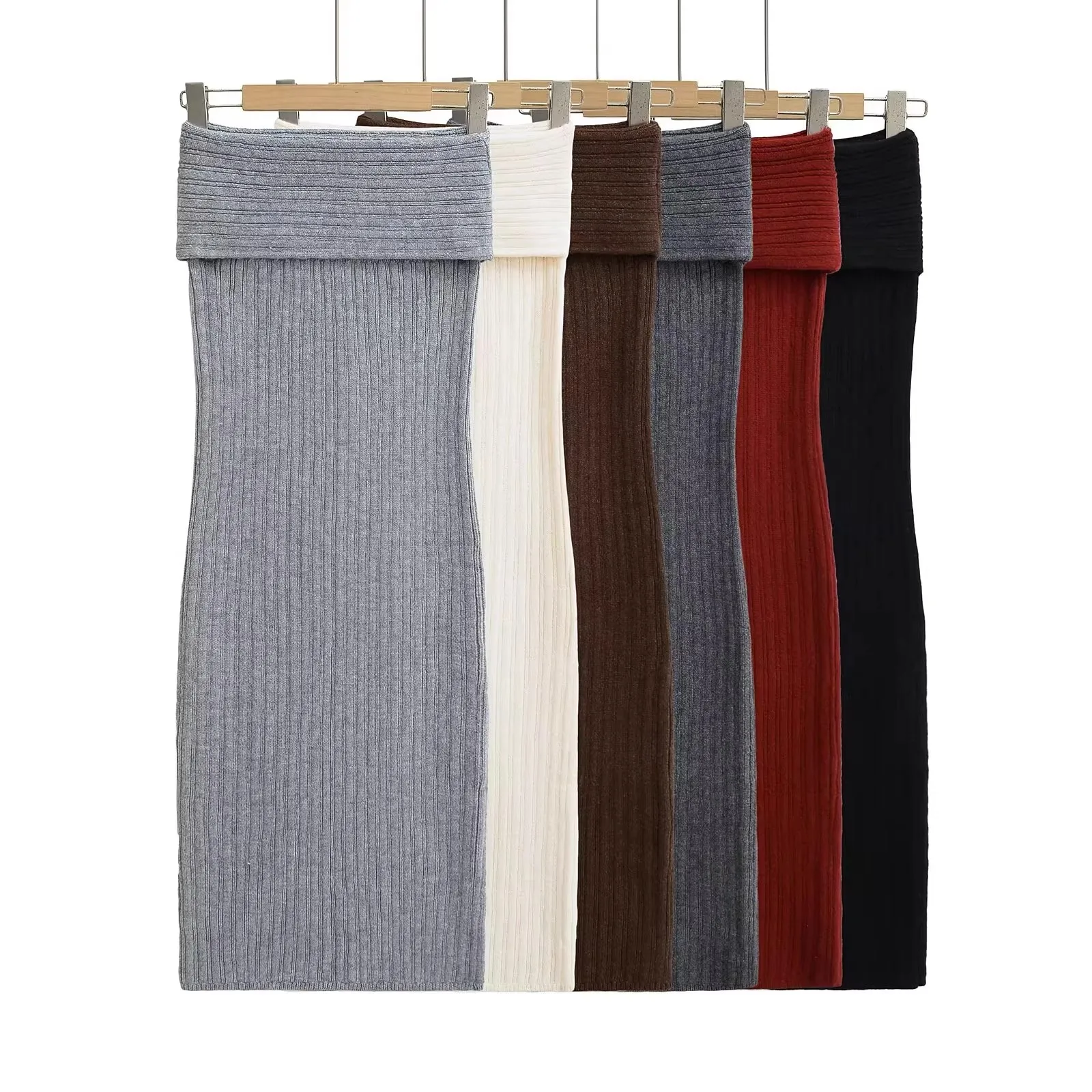 Fashionable Low-Waist Knitted Wrap Skirt Warm Grey Long Knee-Length Women's Half Body Skirt Slim Fit Style Casual Autumn 2025