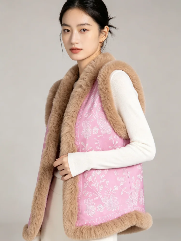 Women Gilet Faux Fur Sleeveless Vest Jacquard Furry Trim Open Front Waistcoat Vintage Boho Outerwear For Daily Party Streetwear