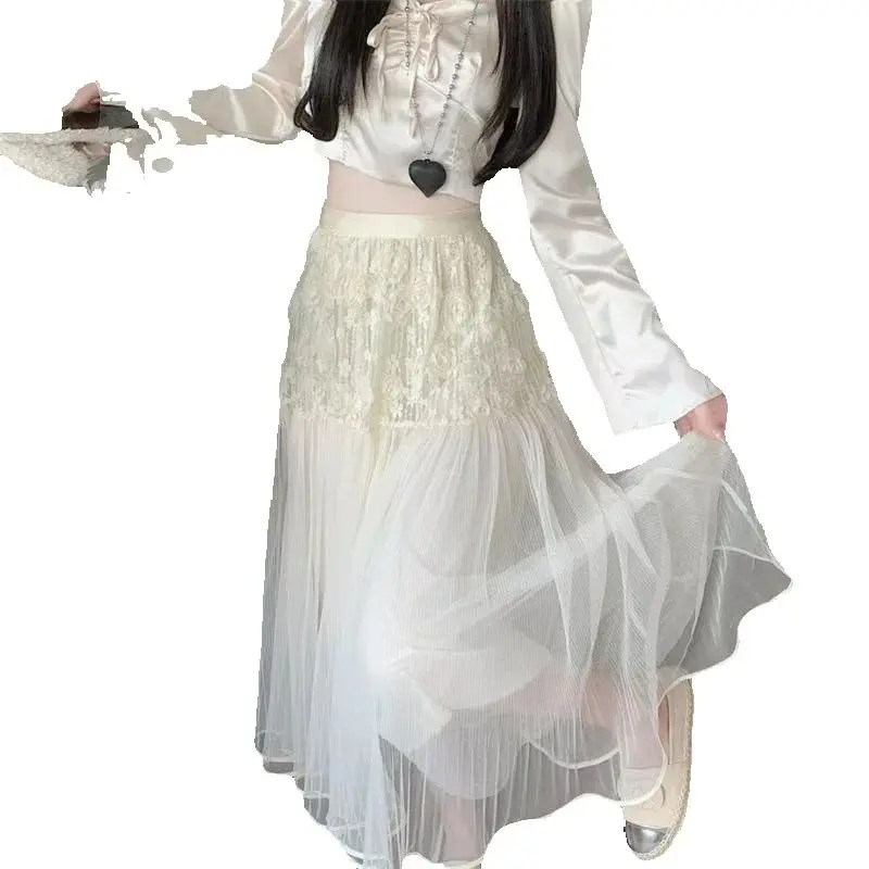 Solid Color Heavy Industry Lace Design White Midi Skirt Women 2025 Spring Summer New Literary Niche Mesh Skirt
