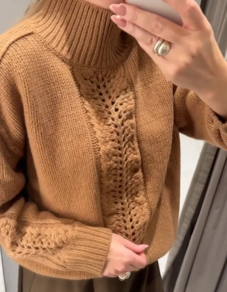 

Повседневный коричневый пуловер с высоким воротником, женский свободный короткий вязаный свитер с высоким воротником и длинными рукавами