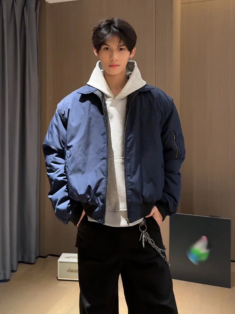 

Мужская зимняя куртка-бомбер из хлопка цвета кобальт, утепленная, в американском стиле, повседневная, теплая, на молнии, однотонная