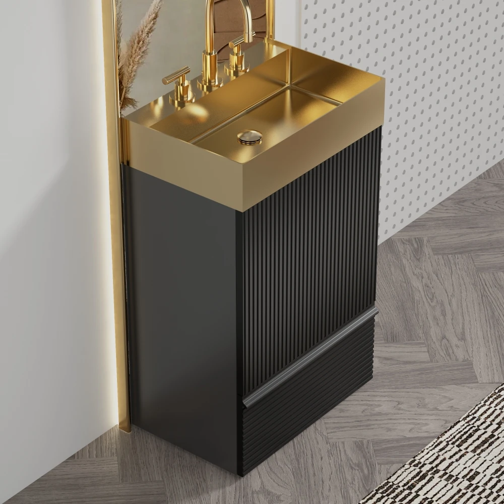 

Gada 20" Striped Matt Black Vanity with Integrated Brushed Gold Sink, Freestanding, Modern, One-Piece Gold Basin No Faucet, KD