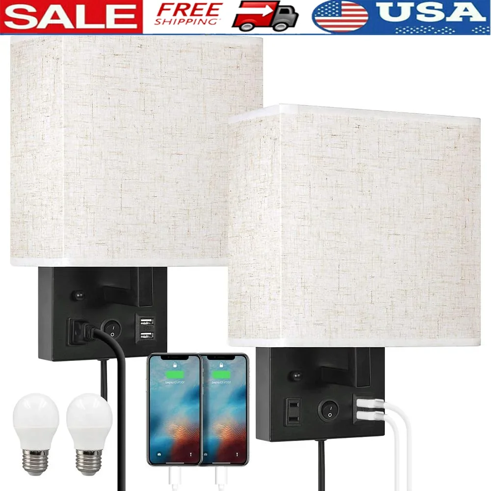 Set of 2 Plug in Wall Lamps with USB Charging Port and AC Outlet Modern Wall Sconces Eye Protection Lighting Bedroom Living Room