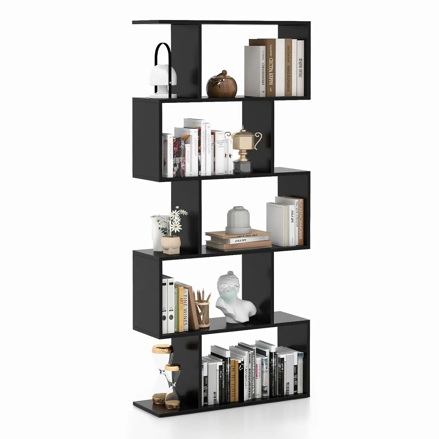 5-Tier S Shaped Bookshelf w/Anti-Toppling Device, Freestanding Room Divider Storage Shelf for Living Room Office, Customized