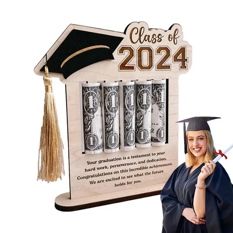 

FUFU Money Card Holder 2024 Graduation Cash Holder Wooden Congrats Card Money Clip For Home Desktop Decor Party Favors Durable B