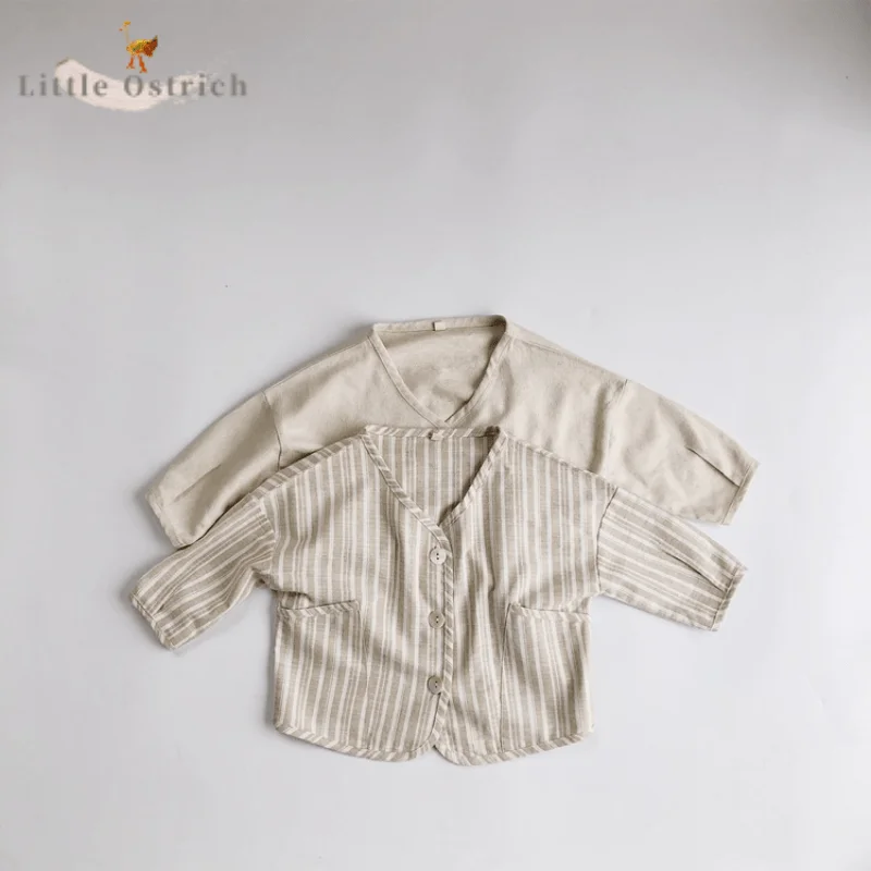 

Baby Girl Boy Cotton and Linen Striped Jacket Infant Toddler Child Long Sleeve Cardigan Casual Solid Coat Baby Clothes 12M-7Y