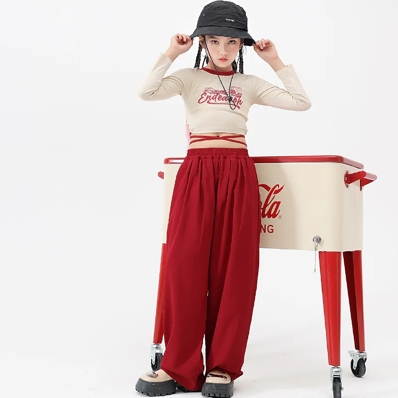 

Kid Hip Hop Clothing Lace Up Apricot Crop Top Long Sleeve T Shirt Wine Red Wide Casual Pants for Girl Jazz Dance Costume Clothes