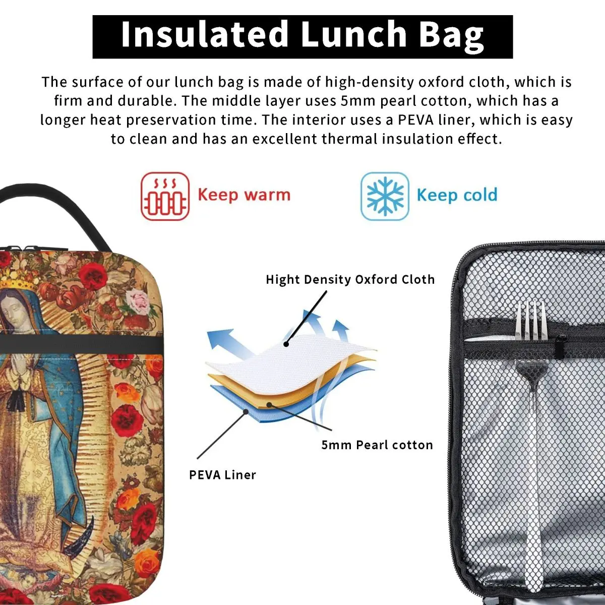 Our Lady Of Guadalupe Virgin Mary Catholic Mexic Insulated Lunch Bag Women Children Portable Food Boxes Thermal Lunch Box Tote