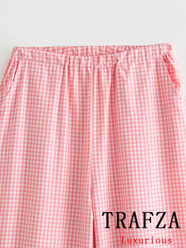 TRAFZA Vintage Casual Chic Women Suit Plaid Print Lace-up Long Sleeve Pockets Shirts Loose Long Pants Fashion 2024 Summer Sets