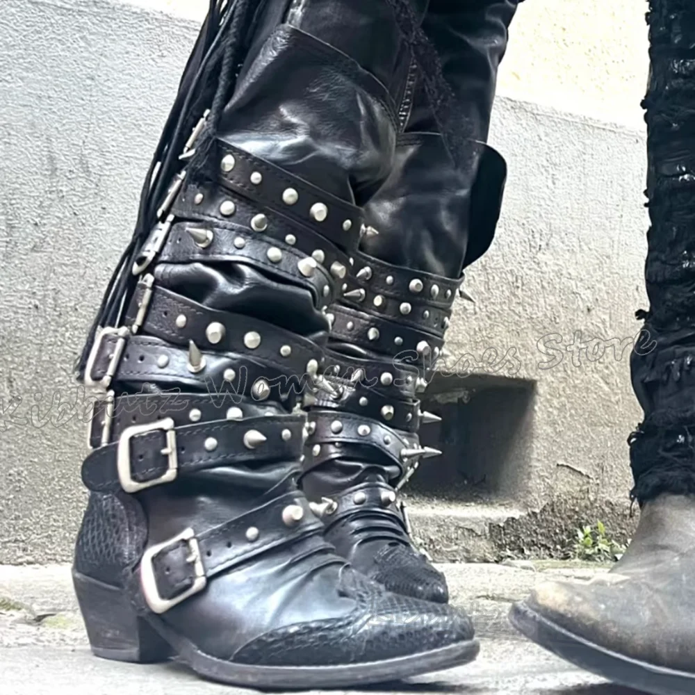 

Rivets Punk Rock Boots Knee High Leather Solid Color Fashion Elegant Sexy Concise Novelty Luxury Belt Buckle Spicy Girls Shoes
