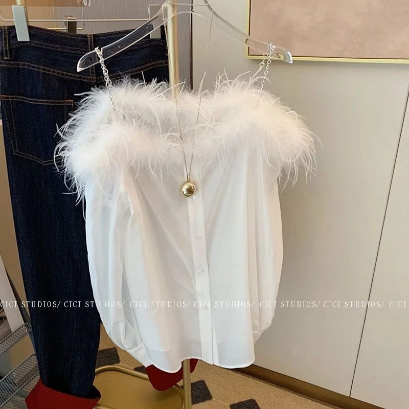 Sexy Female Off Shoulder Chain Shirt Chemise Femme Spring New Blusas Femininas Elegantes Loose Tops White Feathers Blouse Shirts