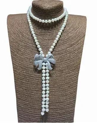 Hand knotted Luxury female long feather accessories 8-9mm white freshwater pearl necklace sweater chain