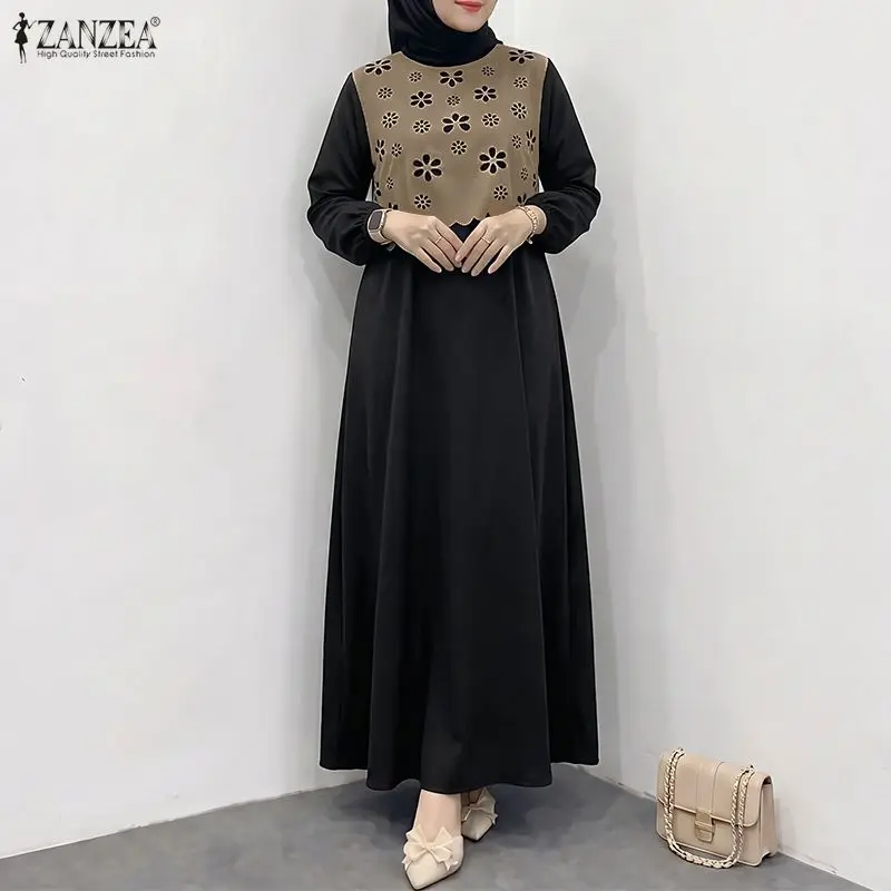 Women Muslim Dress Elegant Long Sleeve Hollow Out Fabric Patchwork Abaya Robes ZANZEA Islamic Hijabi Modest Ramadan Eid Kaftan