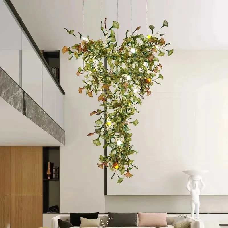 

2025 New Ginkgo Leaf Glass Chandelier Ideal for Staircase Brass Green Brown Blue Dimmable Ceilings Lustre Pendant Lamp