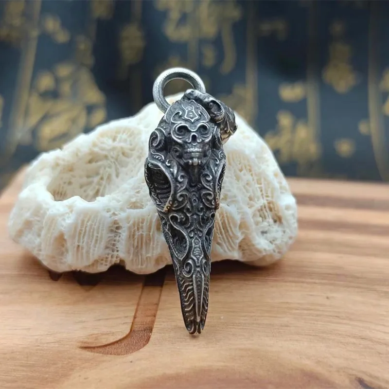 S925 Sterling Silver Pendant Necklace Skull Bird Head Motorcycle Trend Stereo Advanced