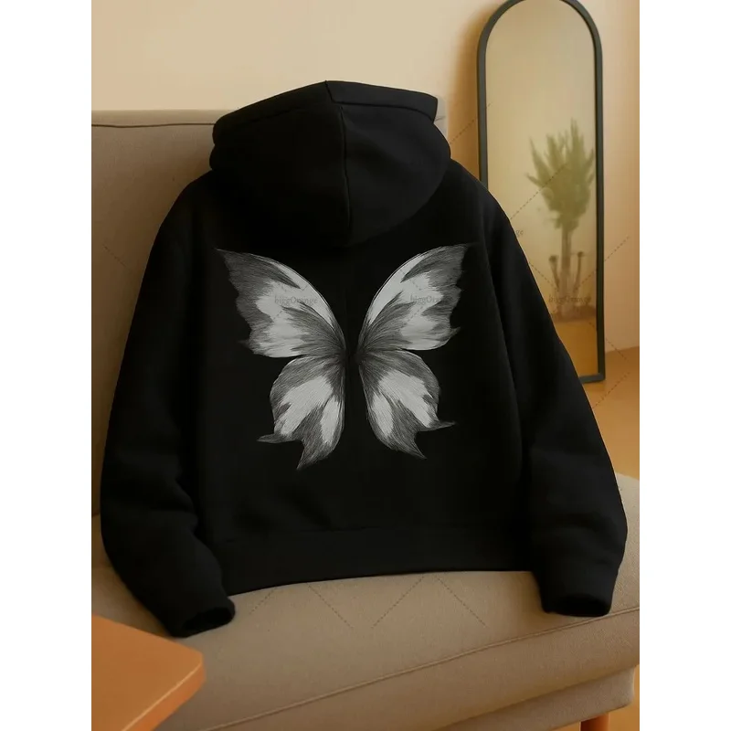American New Harajuku Retro Butterfly Pattern Print Casual Loose Hoodie Women Soft Fashion Sweatshirt Autumn Women's Clothing