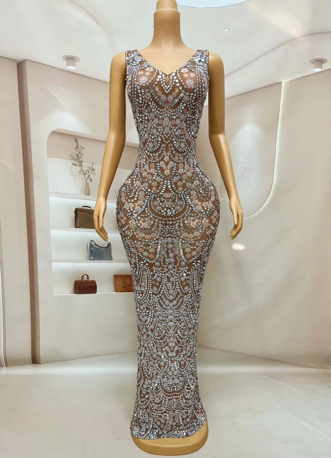 Vestido Elegant Sleeveless Embroidery Crystals Diamond Formal Evening Dress Sexy Bodycon Night Club Dress Women Party Prom Dress