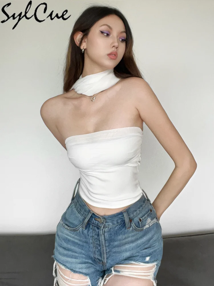 SylCue Lenço de malha branca + tops sem alças feminino tendência de verão sexy fora do ombro sem costas rua y2k estilo sólido elegante tops skinny