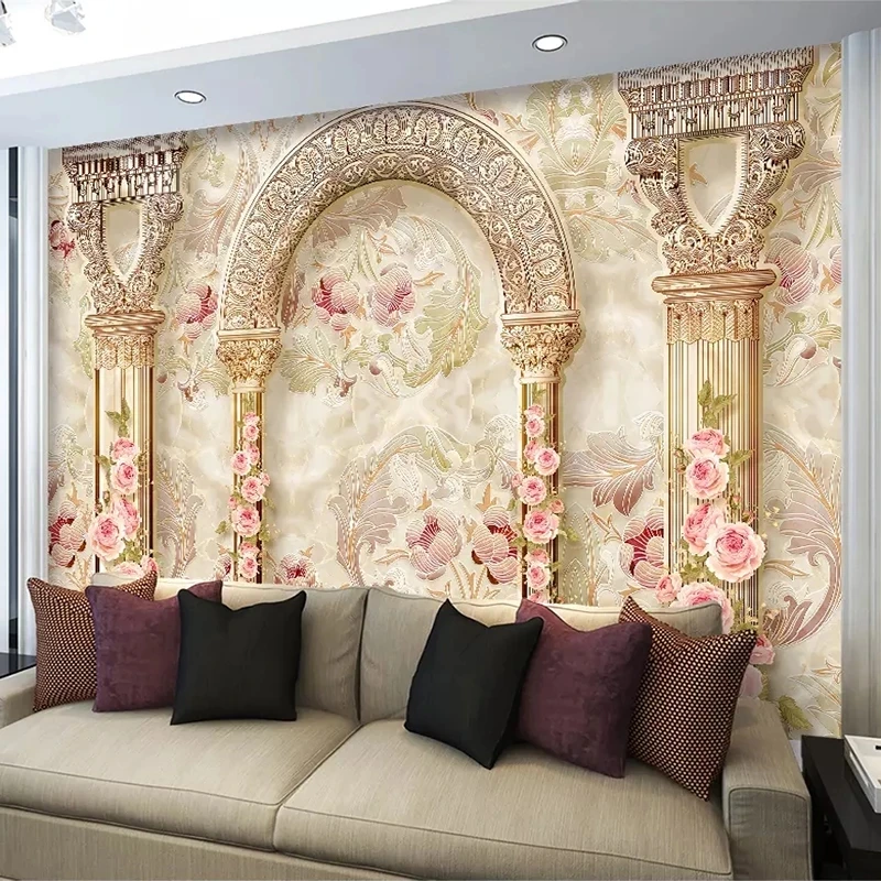 Custom Mural 3D European Flower Marble Pillar Art Self Adhesive Wallpaper Living room sofa TV background wall bedroom restaurant