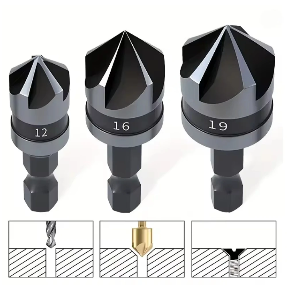 3pcs/set 90 Degree 1/4 Hex Shank Drill Bit 5 Flute 12-19mm Woodworking Chamfer Counter Sink Chamfering Debur Countersink