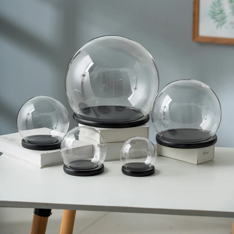

FS 2sets/pack Different Size Round Glass Dome Vase Home Decoration Black Base Transparent Cover Gift Wedding Souvenir
