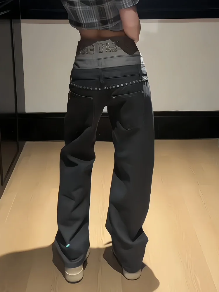 

Ретро-джинсы в американском стиле для девушек: с двойным поясом, заклепками и пэчворком, женские, весенняя новинка, с золотым буквенным дизайном, брюки в пол