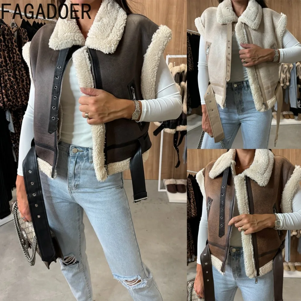 

FAGADOER Autumn New Fashion Fur Leather Patchwork Jacket Women Zipper Pocket Sleeveless Vest Coat Female Streetwear Clothing
