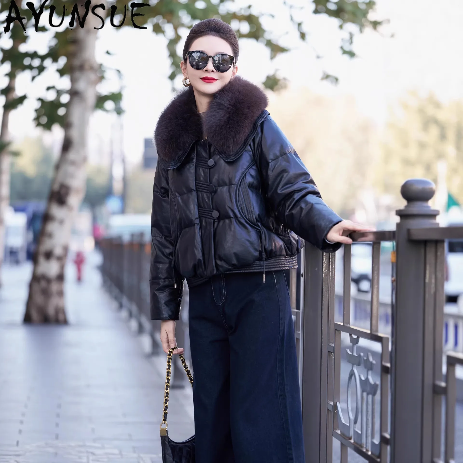 AYUNSUE Sheepskin Genuine Leather Jacket Women Winter Clothes Fashion Goose Down Coats Female Warm Fox Fur Collar Jaqueta Couro
