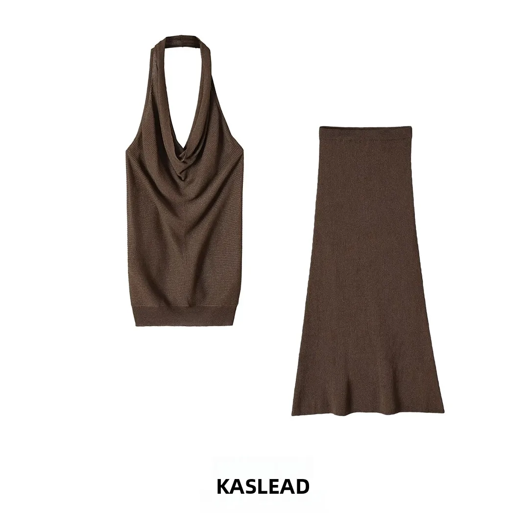 

KASLEAD New Women's Knitted Neck Hanging Top Half Skirt Two-Piece Set Summer Fashion Striped Pattern Casual Workwear
