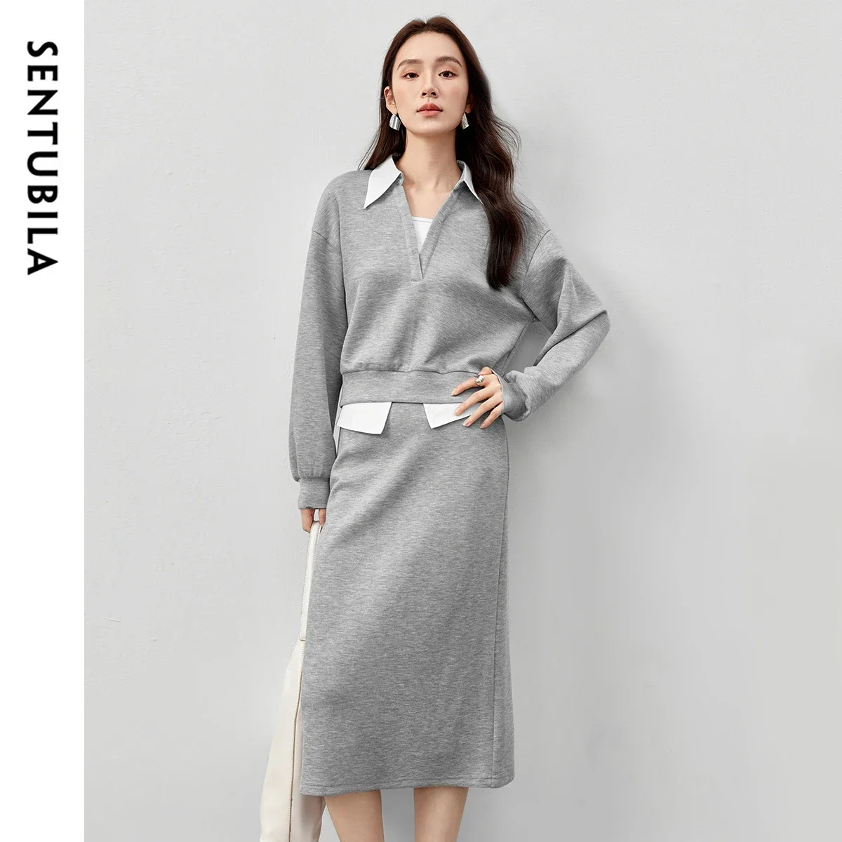 

SENTUBILA Women's 2 Piece Set Grey Fake Two Piece Polo Collar Midi Skirt 2026 Spring New Elegant Office Lady Dress 151Z58618