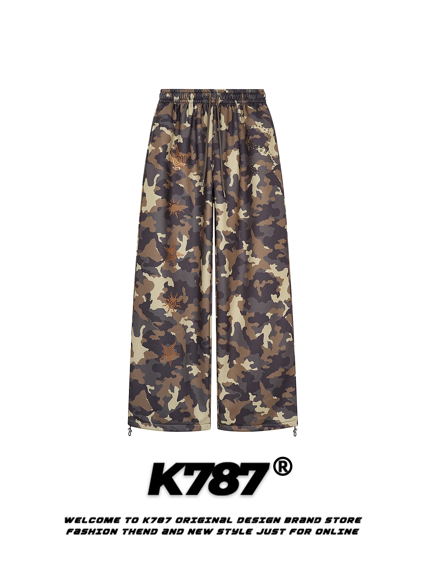 

K787 American Retro Camouflage Embroidered Casual Pants High Waist Loose Street Sle Floor-Length Wide Leg Men's Jeans