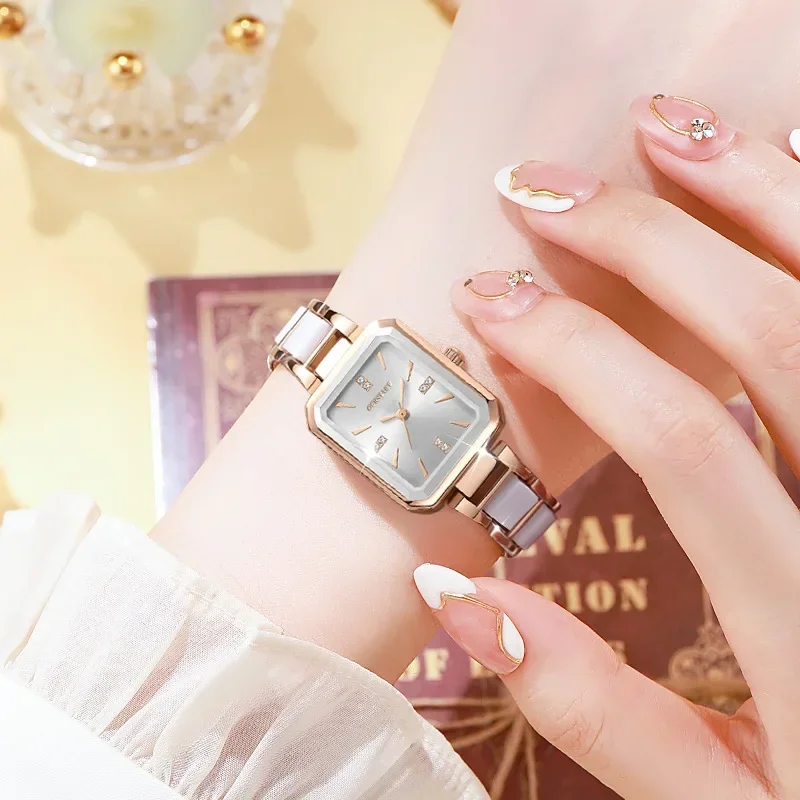 Reloj de marca de lujo para mujer, relojes elegantes de diamantes de imitación, relojes de pulsera dorados para mujer, 2024