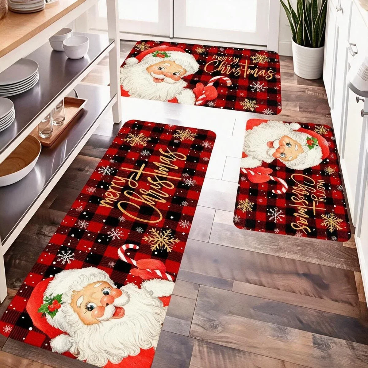 Xmas Kitchen Door Mat Set Cute Snowman Red Background Pattern Waterproof Kitchen Rug Christmas Home Decoration Carpet